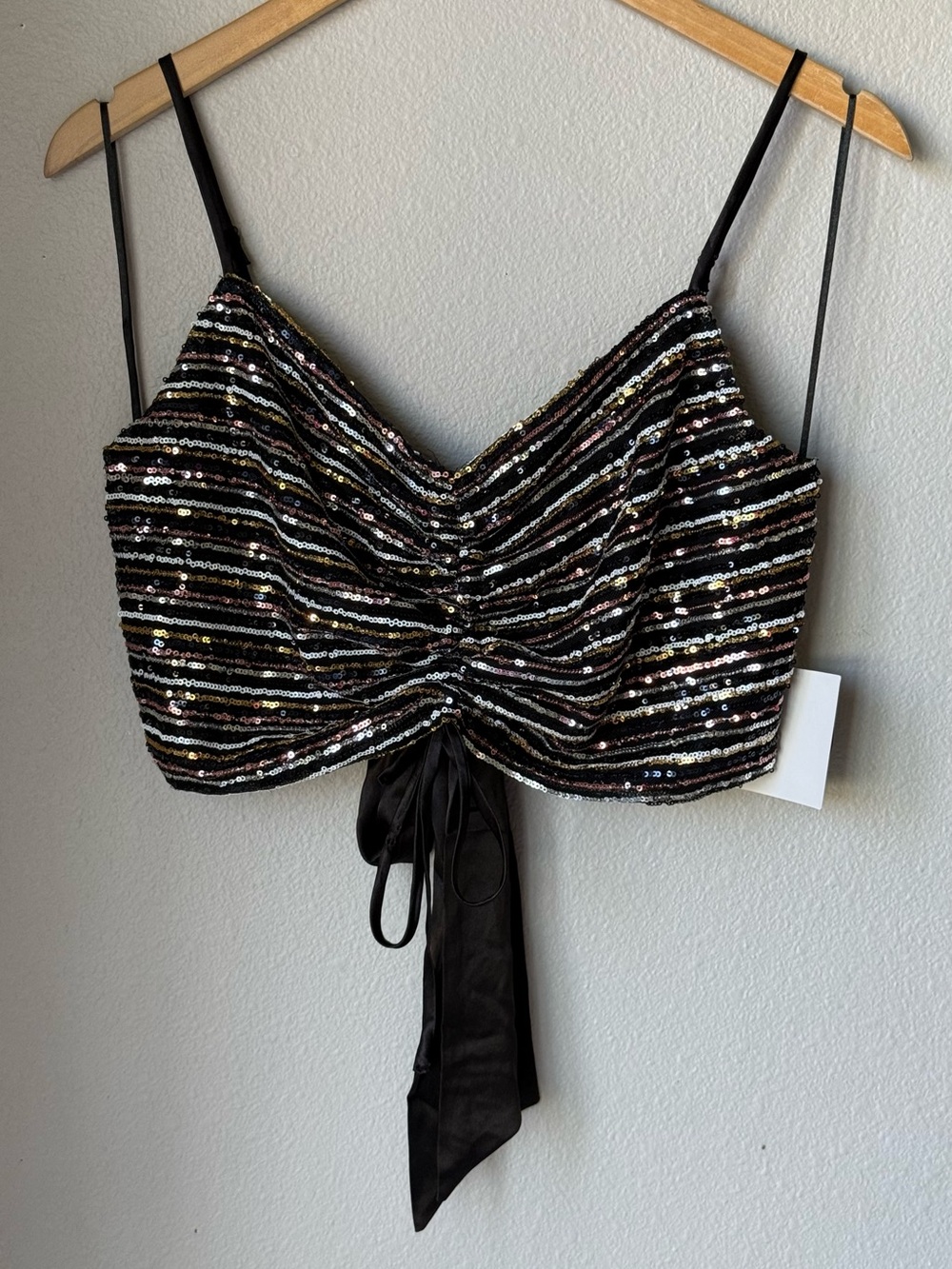 Meraki NWT Sequin Ruched Tie Front Cami Top Womens Size XL Black Tie In Back